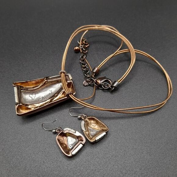 Chico's Bronze Silver Pendant Necklace Drop Earrings Set, Three Gold Cords, 20" - Picture 11 of 12